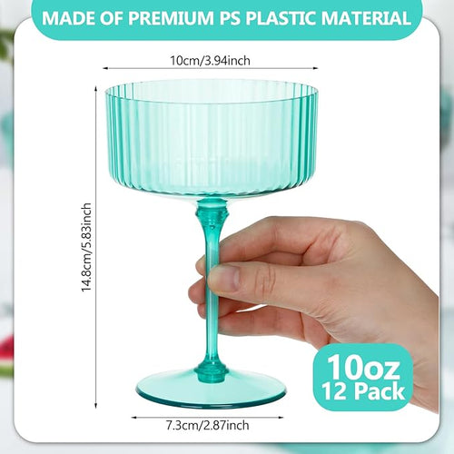 12 Pcs Ribbed Martini Glasses 10 oz Disposable Plastic Vintage Ribbed Coupe Glasses Unbreakable Dessert Parfait Glassware for Wedding Birthday Party Supplies (Light Green)