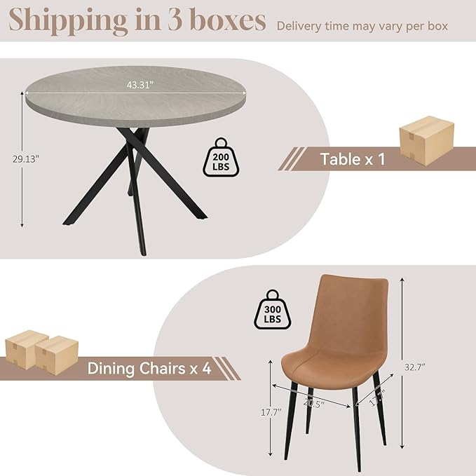 44" Round Dining Table with Chair Set for 4, Modern Mid-Century Dining Table Set of 4, Cozy Dinette Sets with Metal Leg for Kitchen Dining Room Apartment(Gray Table + Brown Chairs)