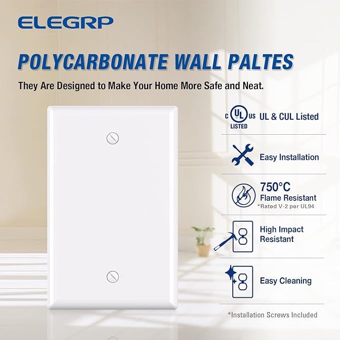ELEGRP 1-Gang Blank Device Wall Plates, Mid-Size 4.88" H x 3.13" L Unbreakable Thermoplastic Blank Faceplate Cover for Unused Outlets/Switches, UL Listed (5 Pack, Glossy White)