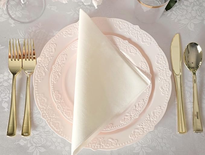 " OCCASIONS " 50 Plates Pack (25 Guests) Vintage Wedding Party Disposable Plastic Plate Set -25x10.25'' Dinner +25x7.5'' Salad/Dessert plates (Portofino in Light Pink)