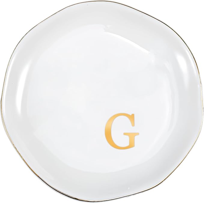 ProCase Ceramic Jewelry Tray, Initial Ring Dish Trinket Plate Engagement Gift, Small Personalized Monogram Ring Bowl for Wedding, White Decorative Jewelry Holder for Women Vanity -Letter G