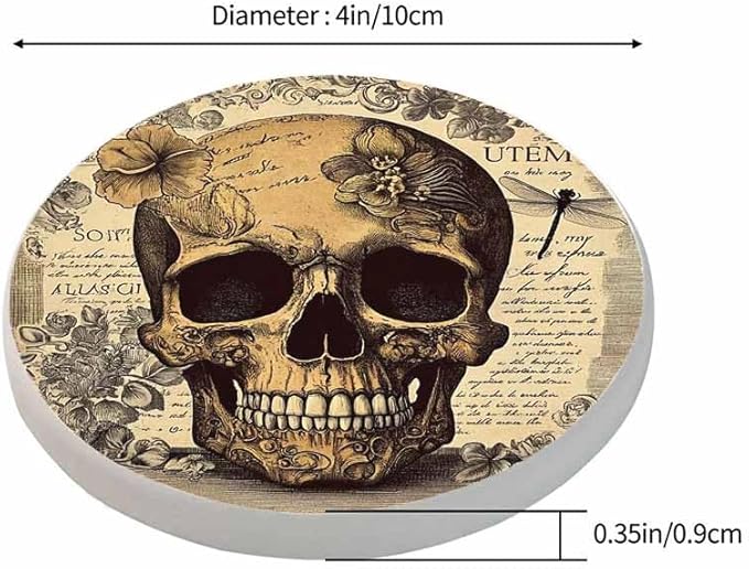 Vintage Head Skull Cup Coasters for Table Retro Floral Background Death Smile Antique Reusable Drink Coasters Set 2 Pcs Coffee Home Farmhouse Living Room Bar Decor
