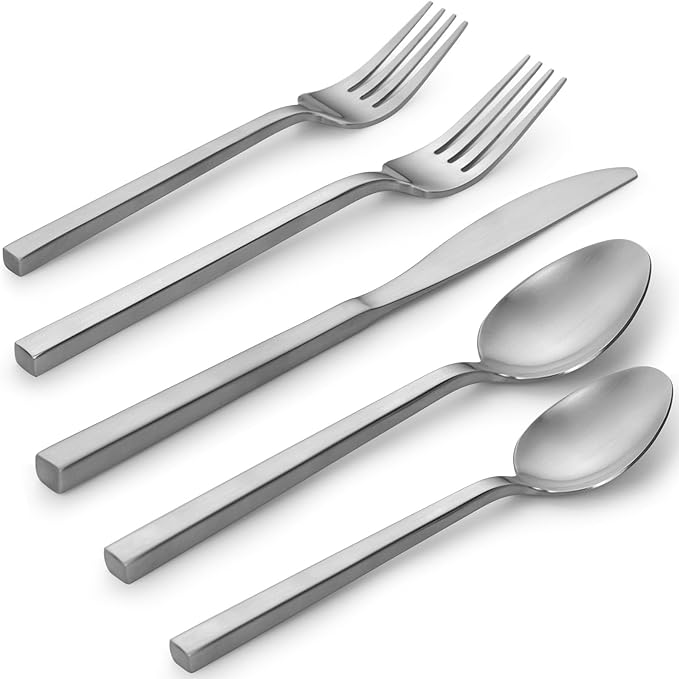Alata Cube Matte Satin&Cube Black 20-Piece Forged Silverware Set Stainless Steel Flatware Set
