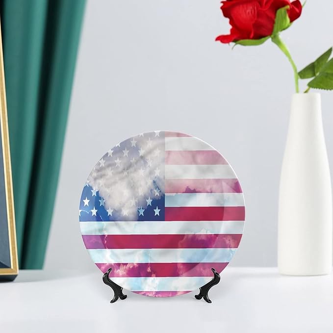 Ceramic Plates, American Flag Decorative Ceramic Plates, Flag Clouds Memorial, 10 Inch, Household Plates Decorative, Multicolor