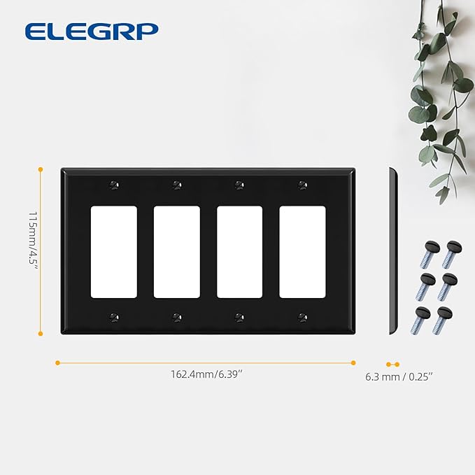 ELEGRP 4-Gang Decorative Wall Plates, Standard Size Unbreakable Thermoplastic Faceplate Cover for Decorator Receptacle Outlet Switch, UL Listed (1 Pack, Glossy Black)