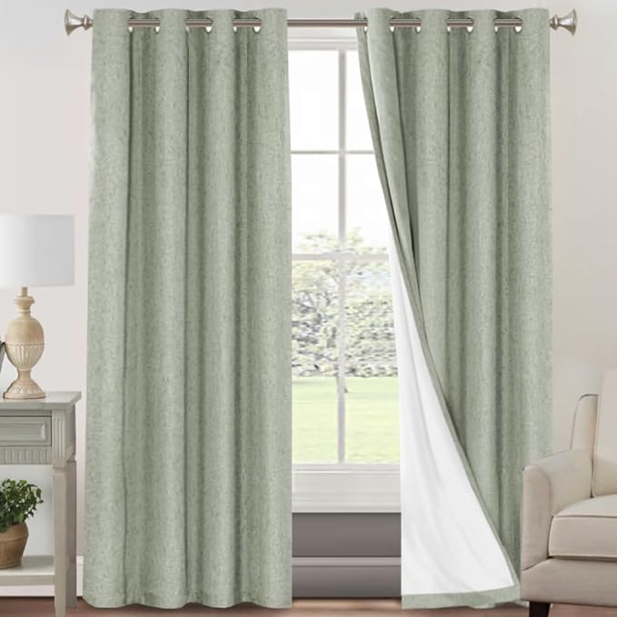 PrinceDeco 100% Blackout Curtains for Bedroom Linen Black Out Curtains for Living Room 120 Inch Long Faux Linen Fabric Grommet Thermal Curtains for Summer Heat with White Liner,52X120 Inch,Sage