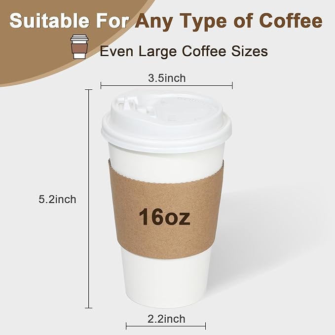 120 Pack 16 oz Paper Coffee Cups Set, Disposable White Coffee Cups with Lids, Sleeves and Stirring Sticks, Fit For Cold and Hot Drinks