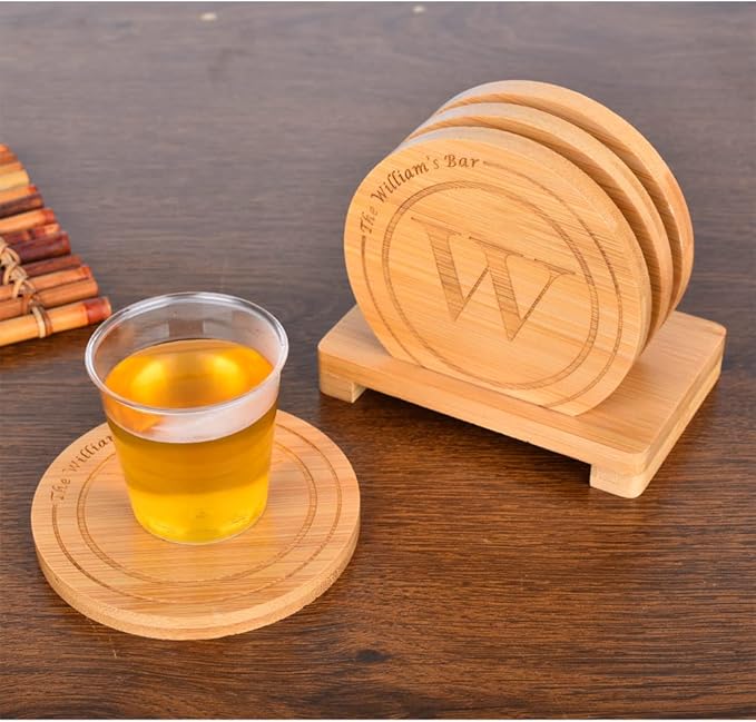 Personalized Bamboo Coasters, Custom Engraved Monogram Coasters with Holder, Great Gifts for Relatives, Friends or Yourself (Set of 4)