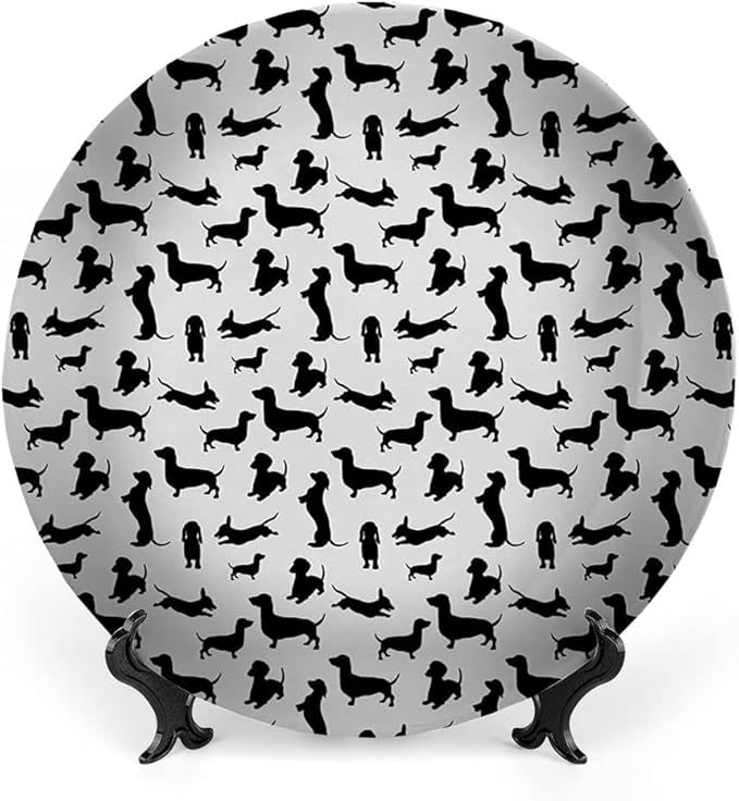 Ceramic Plates, Dog Lover Decorative Ceramic Plates, Monochrome Dachshunds in Numerous Stances Active Life, 10 Inch, Household Plates Decorative, Black White