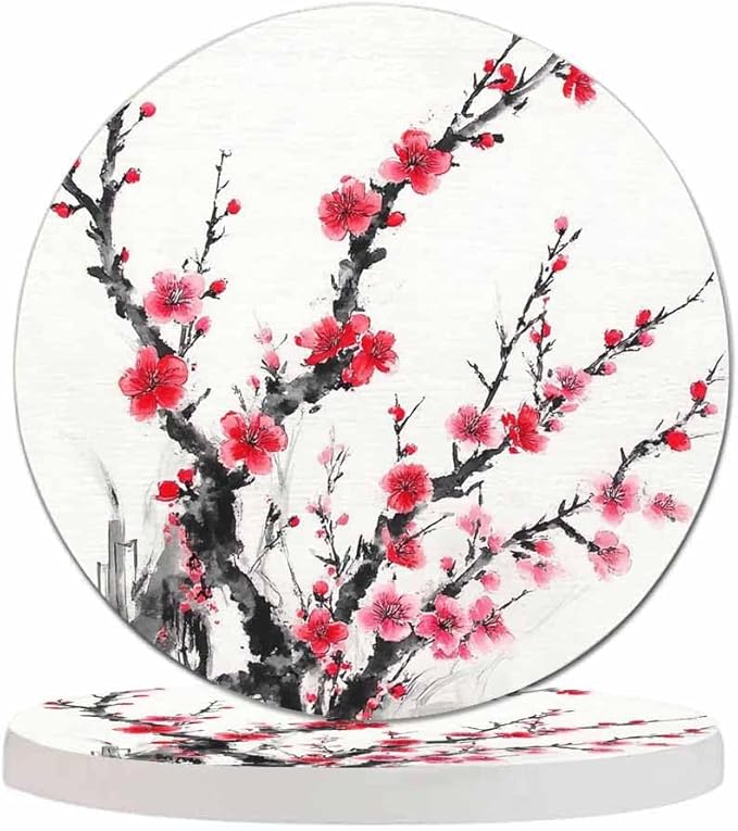 Plum Blossom Coaster Ink Traditional Chinese Painting Beautiful Flower Tabletop Protection for Any Table Type Wood, Granite, Glass, Soapstone, Sandstone, Marble, Stone Tables