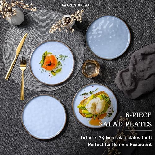 HaWare Stoneware Plates Set of 6, 7.9" Salad Plates, Reactive Glaze Ripple Ceramic Dish Set for Appetizer, Dessert, Scratch Resistant, Small Dinner Plate, Microwave and Dishwasher Safe, Reactive Blue - Image 5
