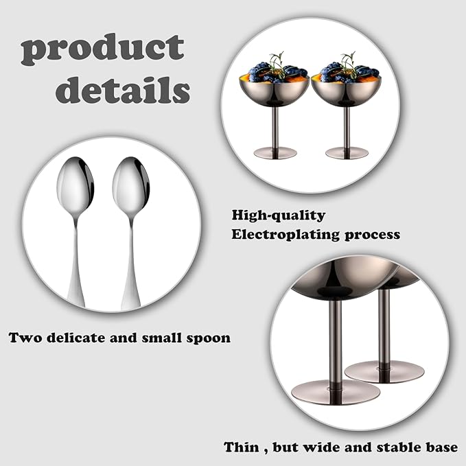 Ice Cream Bowls Stainless Steel Dessert Cups with Spoons Reusable Footed Sundae Cups Ice Cream Cups for Dessert, Frozen Yogurt, Gelato, Birthday Party Decorations (2, Black)