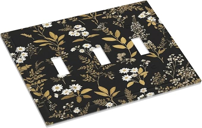 Light Switch Cover Black/Gold Boho Botanical Floral Rustic Flowers 3 Gang Wall Plate Triple Light Switch Plate Toggle Decorative Outlet Covers Electrical Switchplate for Bathroom Kitchen Decor