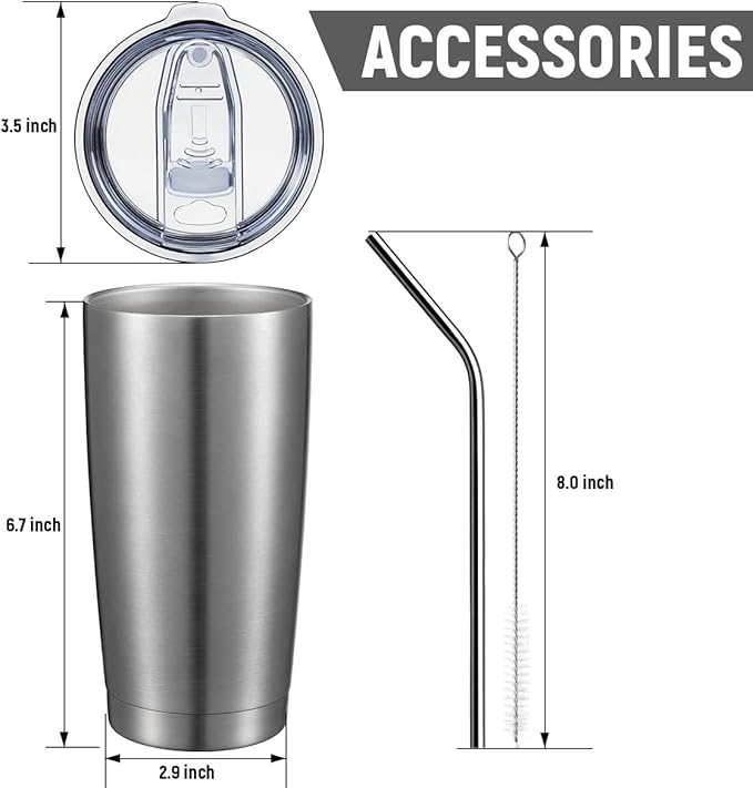 COMOOO 20oz Tumbler with Straw Stainless Steel Insulated Coffee Tumbler Cups Double Wall Vacuum Travel Coffee Mug with Splash Proof Sliding Lid for Hot Cold Drinks (Silver, 1 Pack)