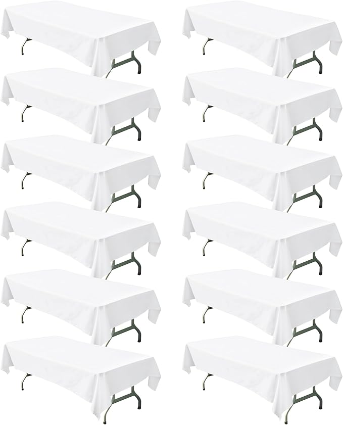 BIGTONE 12 Pack White Rectangle Tablecloth 60 x 102 Inch, Cross Ribbon Packing Reusable Table Clothes for 6 Foot Tables, Wrinkle Resistant Polyester Fabric Table Cover for Wedding, Party, Banquet