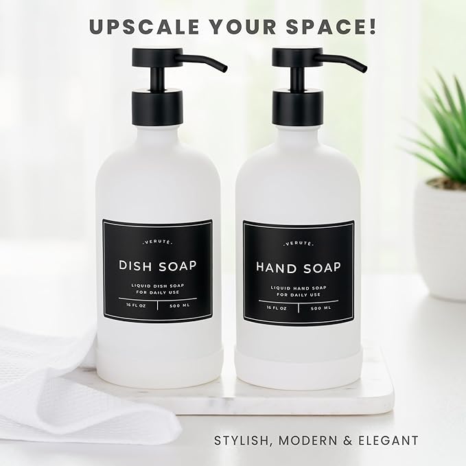Hand and Dish Soap Dispenser for Kitchen and Bathroom, Set of 2 16 Oz Glass Bottles, Stainless Steel Pumps, Non-Slip Silicone Base, 27 Waterproof Labels (Matte White Bottle/Black Pump)