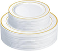 SETUP [Case of 240 Combo White Gold Rimmed Plastic, Disposable for Party - Premium Heavy-Duty Wedding, 120 Disposable 10.25" Dinner and 120 Disposable 7.5" Salad Plates by SETUP