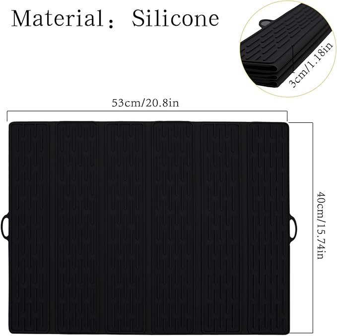 Klyrnd Silicone Dish Drying Mat - Extral Large 20.8" x 15.7" - Heat Resistant Silicone Trivet, Countertop Mat, Dish Draining Mat, Sink Mat, Easy to Clean Foldable Non Slip Dry Pad (Black)