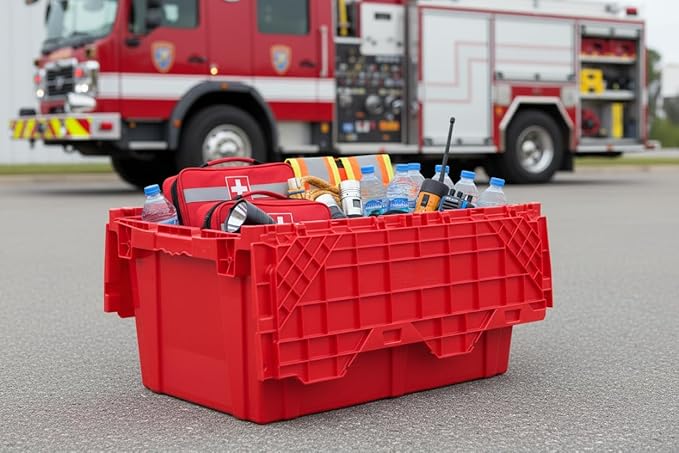 Hudson Exchange 27.3 x 17.2 x 12.6 (3 Pack) Storage Tote Distribution Container with Hinged Attached Lid, Red