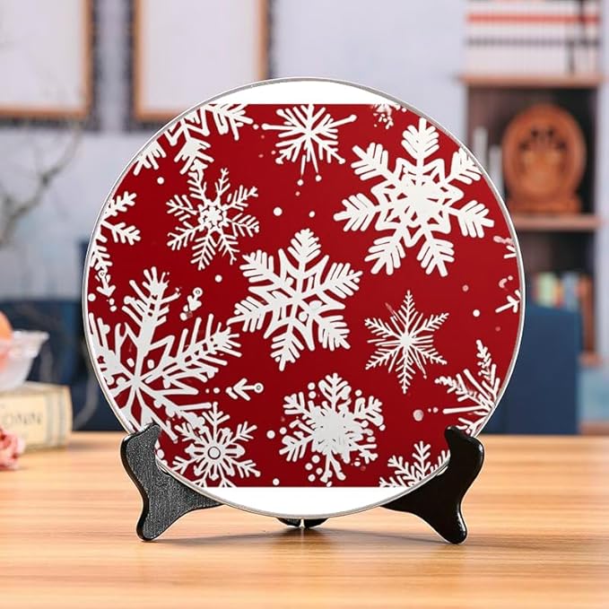 10 Inch Holiday Snowflakes red Decorative Ceramic Plates with Display Stand Perfect for Office Wall Hanging DP-320284149