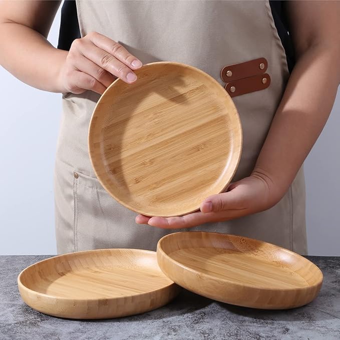 Bamboo Plates 7.5Inch Round Bamboo Plates Reusable Dinner Plates Tableware Set of 3 Wooden Plate Lightweight Dishes Snack, Dessert, Unbreakable Classic Plate