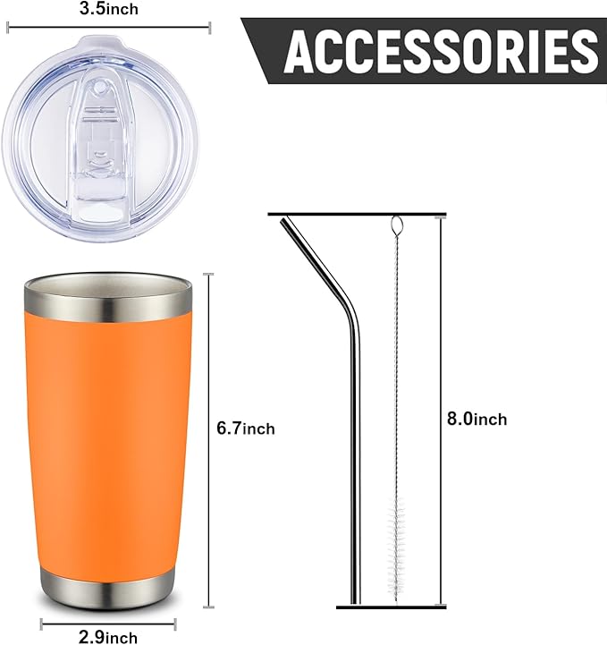 COMOOO 20oz Double Wall Vacuum Insulated Travel Mug Bulk Stainless Steel Tumbler with Lid and Straw Durable Powder Coated Insulated Coffee Cup for Cold & Hot Drinks (Orange, 12 pack