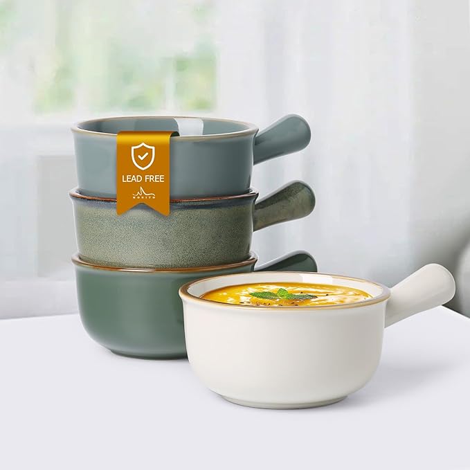 MONITO 16 Oz French Onion Soup Bowls, Ceramic Soup Bowls with Handles, Stackable Soup Crocks Oven Safe for Chili, Beef Stew, Cereal,Casseroles Microwave & Dishwasher Safe, Set of 4
