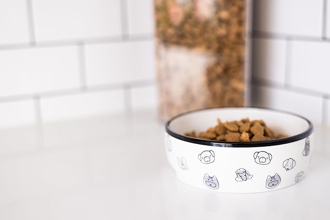 Pearhead Ceramic Dog Faces Dog Bowl, Holds 2 Cups, Stoneware Food and Water Dish for Dogs up to 20 lbs, Heavy Non-Slip Base, Small/Medium