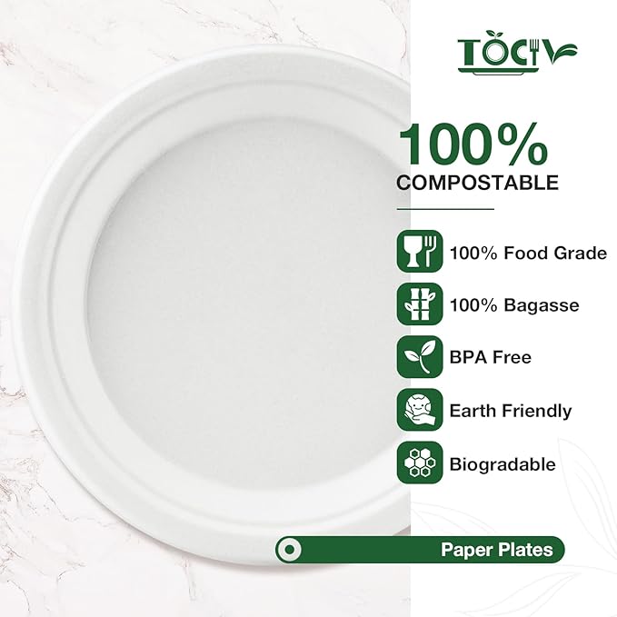 Compostable Paper Plates 250 Count 9in & 6in Disposable Dinner Dessert Salad Plates Heavy Duty Party Supplies for Birthday Holiday White