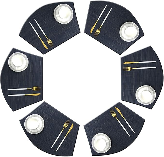 Wedge Placemats for Round Table Woven Vinyl Heat Resistant Washble Easy Clean Table Mats Set of 6（Navy）