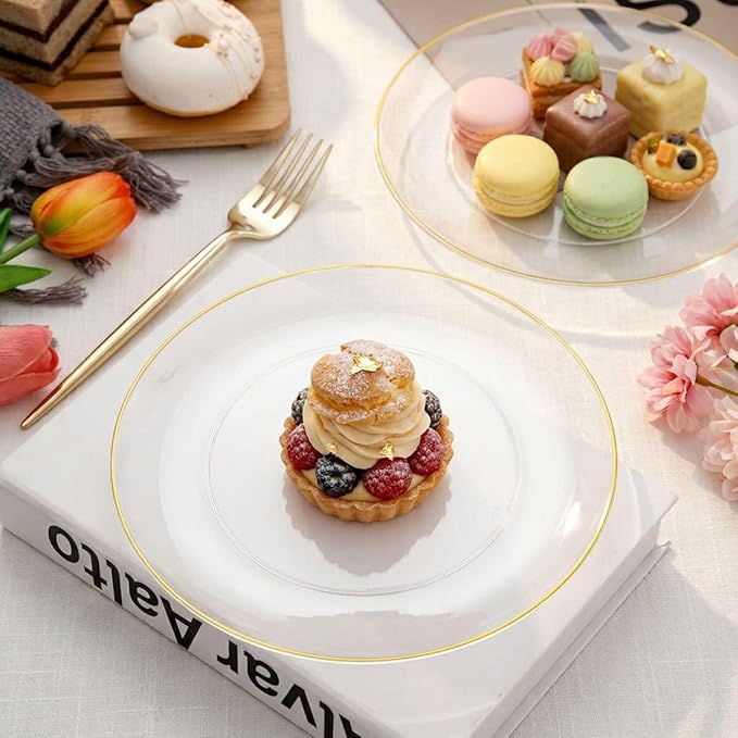 Rubtlamp 200Pcs Clear Gold Dessert Plates With Plastic Gold Forks, 100pcs 7.5inch Plates For Appetizers,100pcs 7.8inch Premium Forks Disposable, Cake Platos Disposable for Wedding