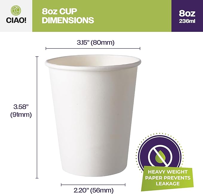 CIAO! 8oz White Paper Hot Cup, Disposable, 80mm Diameter 500 Count