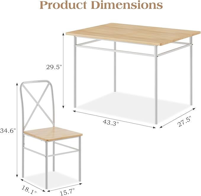 VECELO 5-Piece Kitchen Dining Table Set, Wood Tabletop & Heavy-Duty Metel Frame, Rectangle Dinette with 4 Chairs for Small Space, Breakfast Nook, Natural White