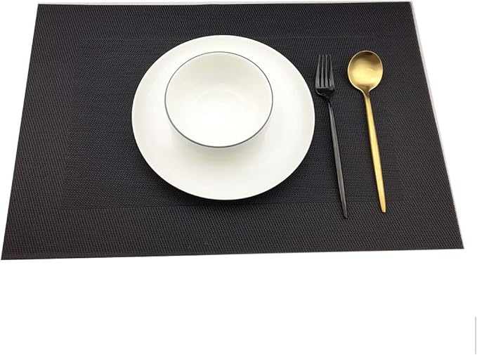 Gugrida Vinyl Black Placemats Heat Resistant Dining Table Mats Non-Slip Washable Place Mats Set of 6 （Black）