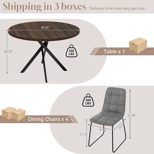 44" Round Dining Table with Cozy Chair Set for 4, Modern Mid-Century Dining Table Set of 4, Dinette Sets with Metal Leg for Kitchen Dining Room Apartment(Walnut Table + Gray Chairs)