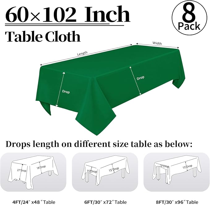 8 Pack Green Table Cloth 60 x 102 Inch Rectangular Tablecloth for 6 Foot Rectangle Tables, Wrinkle Resistant Washable Rectangle Fabric Table Covers for Wedding Party Banquet Buffet and Camping