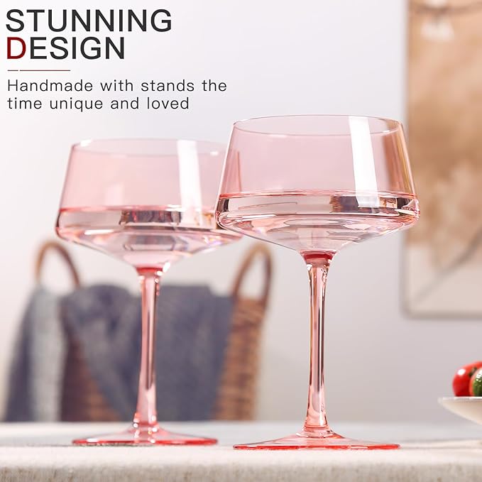 Pink Coupe Glasses Set of 6-13 oz Large Capacity Martini Glassware - Versatile Tall Cocktail Glasses- Hand-Blown Colored Champagne Coupe Glass-Art Deco Cocktail Glasses Set-Wedding Gifts