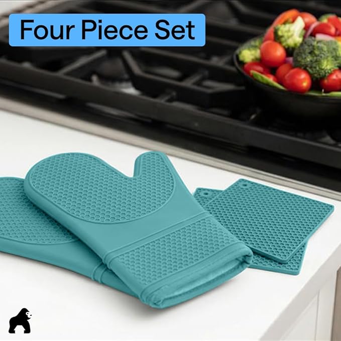 GORILLA GRIP BPA-Free Soft Silicone Oven Mitts and Pot Holders Sets, Heat Resistant Waterproof Cooking Gloves, Thick Cotton Lining, Flexible Gripping for Baking Grilling, Kitchen Trivets, Turquoise