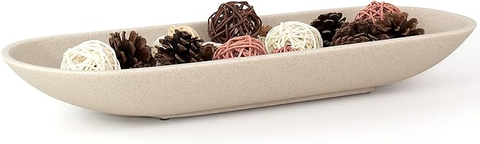 Enhanced Long Large Decorative Bowl for Home Decor - Long Dough Bowl for Table Centerpieces 17.72"W x 2.24"H - Beige Minimalist Design Dough Decor Bowl for Coffee Table, Dining Table Centerpiece