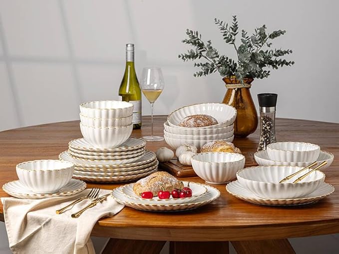 GBHOME Stoneware Dinnerware Sets for 4,Handcrafted Embossed Design Reactive Glaze Ceramic Plates and Bowls, Dishwasher and Microwave Safe, Service for 4(12pcs),Pearl White