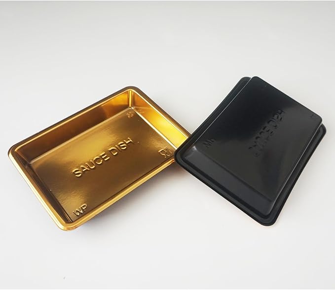 Disposable Small Sushi Tray, Plastic Mini Dipping Bowls, Tiny Serving Rectangle Plates, Soy Sauce Dishes, Seasoning Platter for Parties, BBQ, Home, Restaurant - 100PCS, Gold