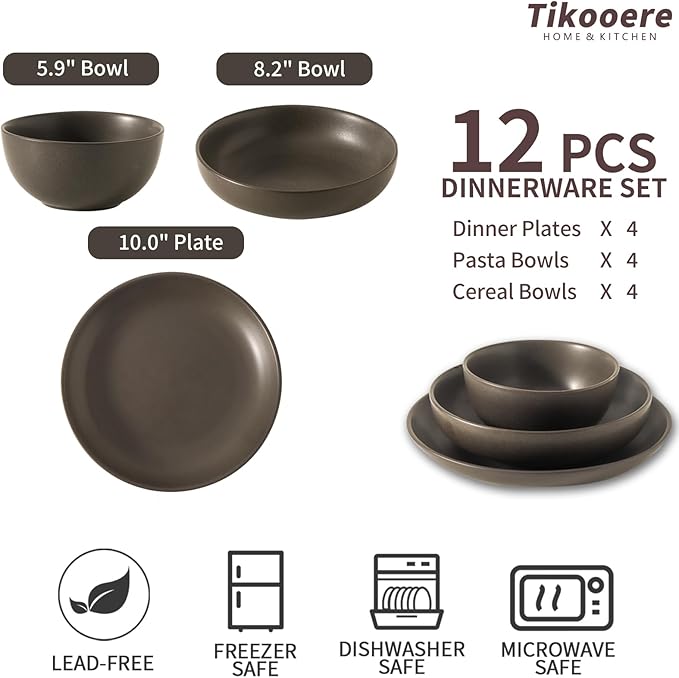 Dinnerware Sets, Stoneware Plates and Bowls Sets, Farmhouse 12 Piece Dish Set for 4, Ceramic Plates Set for Kitchen, Scratch Resistant, Dishwasher & Microwave Safe, Pure Black