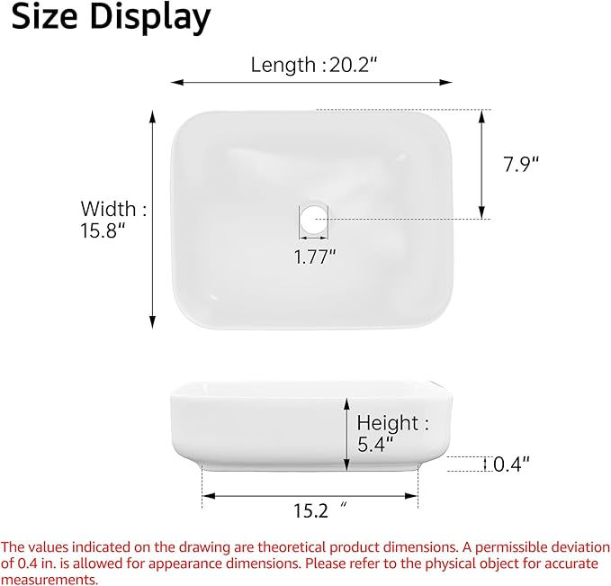 ELLAI Bathroom Vessel Sink Rectangle Above Counter Porcelain Ceramic Top Mount Rectanglar Countertop Sink for Bathroom 19.7"x15.2"x5.4" Glossy White