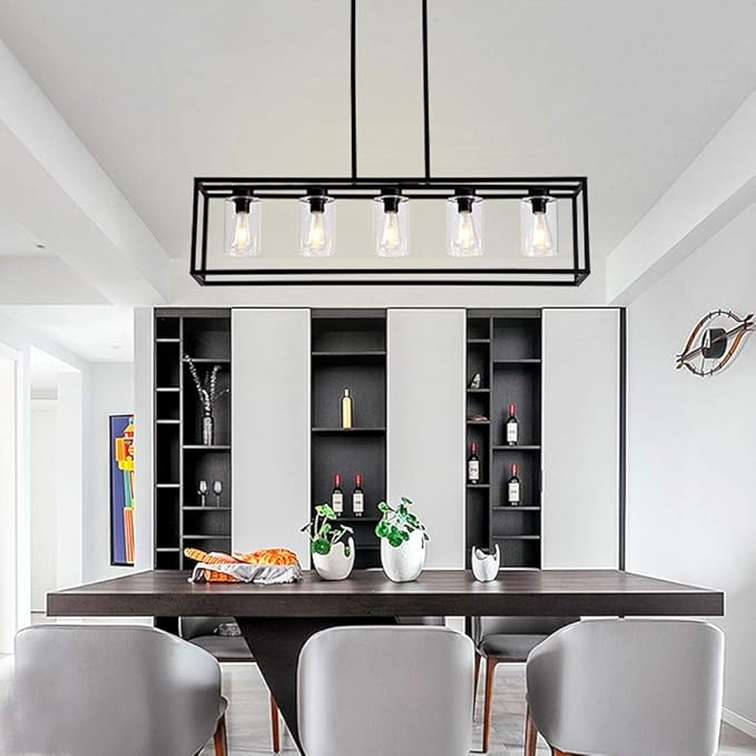 XILICON Dining Room Lighting Fixture Hanging Farmhouse Black 5 Light Modern Pendant Lighting Contemporary Chandeliers with Glass Shade for Living Dining Room Bedroom Kitchen Island