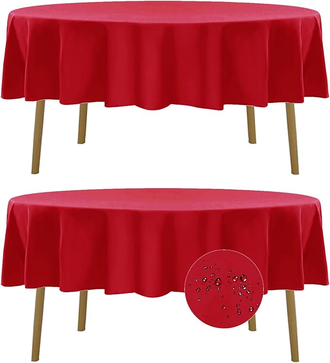 Fokitut 2 Pack Waterproof Round Tablecloth, 70 Inch, Stain Resistant and Wrinkle Polyester Table Cloth, Fabric Table Cover for Kitchen Dining, Wedding, Party, Holiday Dinner-Red