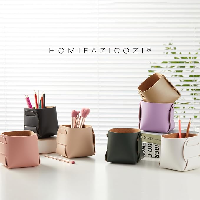 HOMIEAZICOZI 2-Pack Cork Leather Desk Accessories Storage - Pencil Pen Holder - Makeup Brush Holder Organizer - Stylish Addition to Home Decor (Gray)