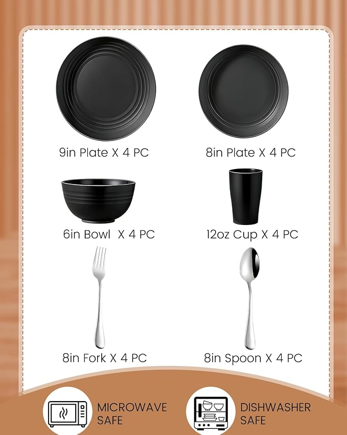 24 Piece Plates and Bowls Sets for 4- Unbreakable Wheat Straw Dinnerware Sets Includes Stainless Steel Forks for Picnic Camping Outdoor Kitchen and Apartment Dinning RV Essentials-Black