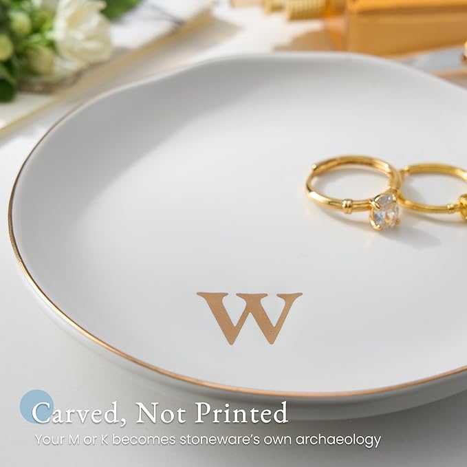 Lolalet Handmade Ceramic Ring Dish Jewelry Tray Plate with Initial, Small Monogram Gift for Her Women Girls Mother, Hostess, Engagement, Bridal Shower, Maid of Honor, Bridesmaid, Birthday, Christmas