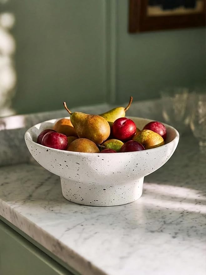 LE TAUCI 10" Ceramic Decorative Bowl, Key Bowl for Entryway, Handcrafted Sturdy Pedestal Bowl, Modern Farmhouse Fruit Bowl for Kitchen Counter, Centerpiece, Speckled White