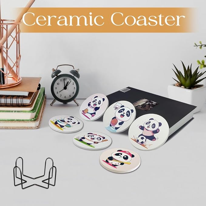 Ceramic Coasters Set of 6, Marble-Textured Design with Holder - Absorbent Cork-Backed Coasters for Cups, Bar & Coffee Table Decor Accessories (Panda, 6 Pack)